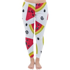 Cute Smiling Watermelon Seamless Pattern White Background Classic Winter Leggings by Simbadda