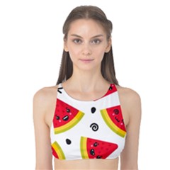 Cute Smiling Watermelon Seamless Pattern White Background Tank Bikini Top by Simbadda