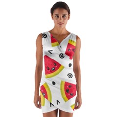 Cute Smiling Watermelon Seamless Pattern White Background Wrap Front Bodycon Dress by Simbadda