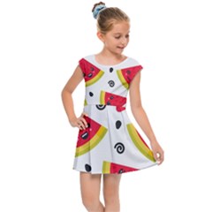 Cute Smiling Watermelon Seamless Pattern White Background Kids  Cap Sleeve Dress by Simbadda