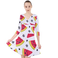 Cute Smiling Watermelon Seamless Pattern White Background Quarter Sleeve Front Wrap Dress by Simbadda