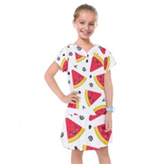 Cute Smiling Watermelon Seamless Pattern White Background Kids  Drop Waist Dress by Simbadda