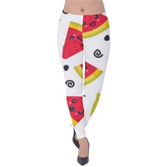 Cute Smiling Watermelon Seamless Pattern White Background Velvet Leggings by Simbadda