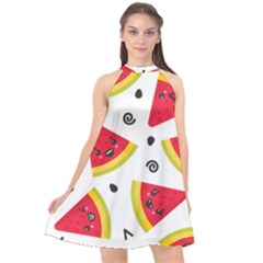 Cute Smiling Watermelon Seamless Pattern White Background Halter Neckline Chiffon Dress  by Simbadda