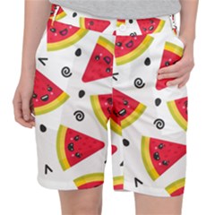 Cute Smiling Watermelon Seamless Pattern White Background Women s Pocket Shorts by Simbadda