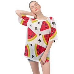 Cute Smiling Watermelon Seamless Pattern White Background Oversized Chiffon Top by Simbadda