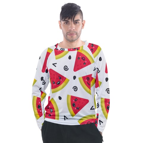 Cute Smiling Watermelon Seamless Pattern White Background Men s Long Sleeve Raglan Tee by Simbadda