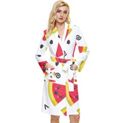 Cute Smiling Watermelon Seamless Pattern White Background Long Sleeve Velvet Robe by Simbadda