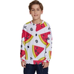 Cute Smiling Watermelon Seamless Pattern White Background Kids  Crewneck Sweatshirt by Simbadda