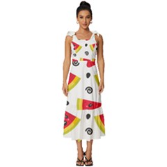 Cute Smiling Watermelon Seamless Pattern White Background Tie-strap Tiered Midi Chiffon Dress by Simbadda