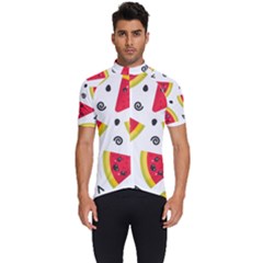 Cute Smiling Watermelon Seamless Pattern White Background Men s Short Sleeve Cycling Jersey by Simbadda