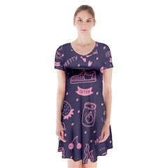 Various Cute Girly Stuff Seamless Pattern Short Sleeve V-neck Flare Dress