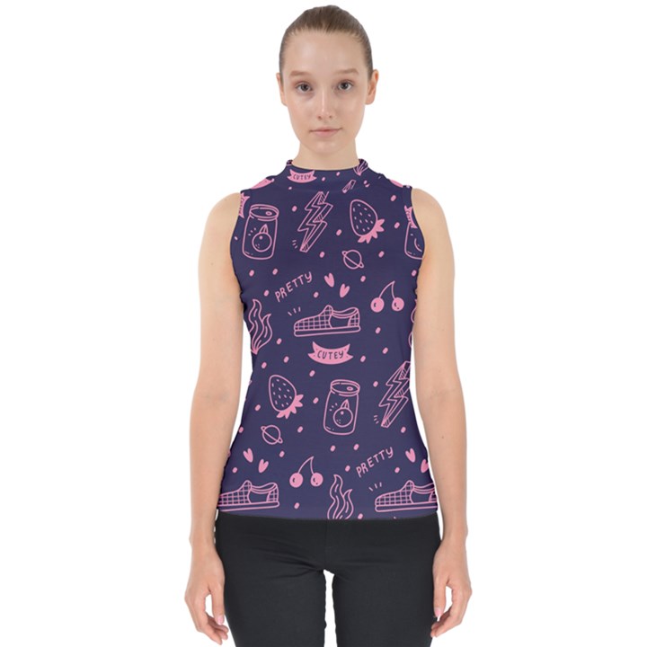 Various Cute Girly Stuff Seamless Pattern Mock Neck Shell Top