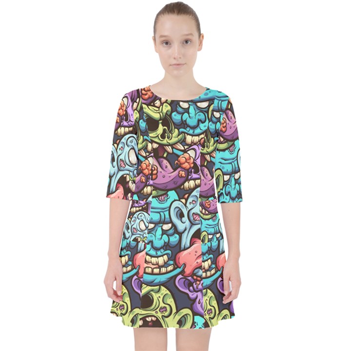 Zombie Heads Pattern Quarter Sleeve Pocket Dress