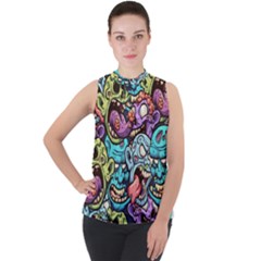 Zombie Heads Pattern Mock Neck Chiffon Sleeveless Top by Simbadda