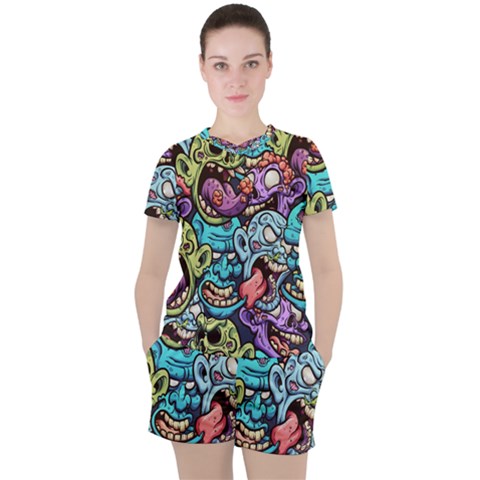 Zombie Heads Pattern Women s Tee And Shorts Set by Simbadda