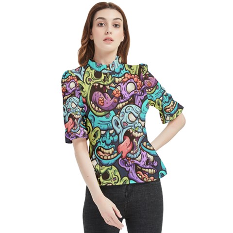 Zombie Heads Pattern Frill Neck Blouse by Simbadda