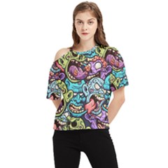 Zombie Heads Pattern One Shoulder Cut Out Tee by Simbadda