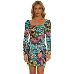 Zombie Heads Pattern Long Sleeve Square Neck Bodycon Velvet Dress