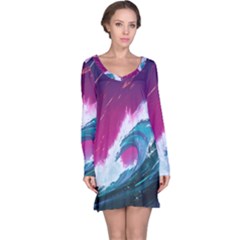 Tsunami Waves Ocean Sea Nautical Nature Water Unique Long Sleeve Nightdress by Simbadda