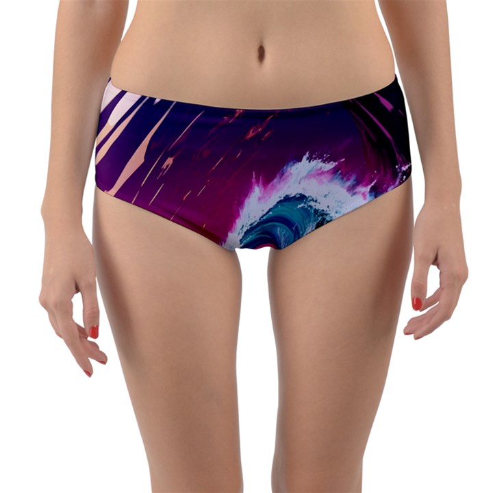 Tsunami Waves Ocean Sea Nautical Nature Water Unique Reversible Mid-Waist Bikini Bottoms