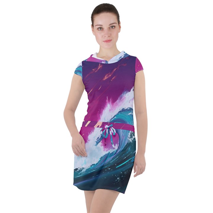 Tsunami Waves Ocean Sea Nautical Nature Water Unique Drawstring Hooded Dress