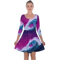 Tsunami Waves Ocean Sea Nautical Nature Water Unique Quarter Sleeve Skater Dress by Simbadda