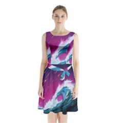 Tsunami Waves Ocean Sea Nautical Nature Water Unique Sleeveless Waist Tie Chiffon Dress by Simbadda