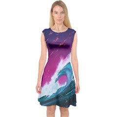 Tsunami Waves Ocean Sea Nautical Nature Water Unique Capsleeve Midi Dress by Simbadda