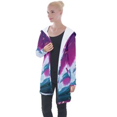 Tsunami Waves Ocean Sea Nautical Nature Water Unique Longline Hooded Cardigan by Simbadda