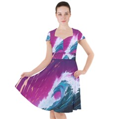 Tsunami Waves Ocean Sea Nautical Nature Water Unique Cap Sleeve Midi Dress by Simbadda