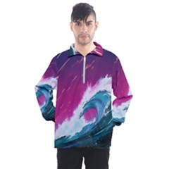 Tsunami Waves Ocean Sea Nautical Nature Water Unique Men s Half Zip Pullover by Simbadda