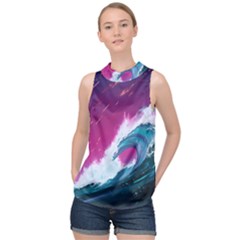 Tsunami Waves Ocean Sea Nautical Nature Water Unique High Neck Satin Top by Simbadda