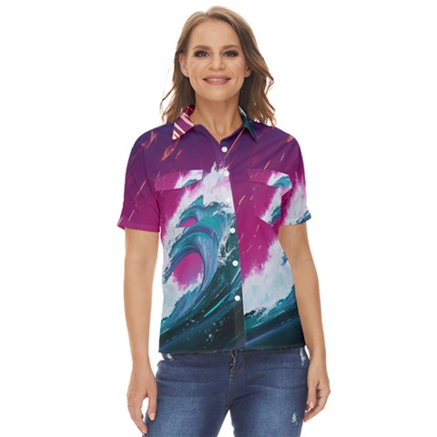 Tsunami Waves Ocean Sea Nautical Nature Water Unique Women s Short Sleeve Double Pocket Shirt by Simbadda