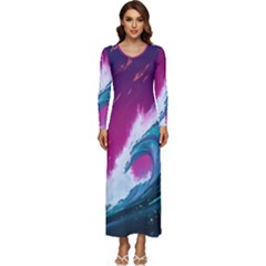 Tsunami Waves Ocean Sea Nautical Nature Water Unique Long Sleeve Longline Maxi Dress by Simbadda