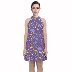 Pattern Cute Clouds Stars Velvet Halter Neckline Dress  by Simbadda