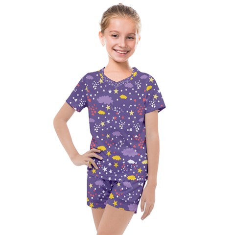 Pattern Cute Clouds Stars Kids  Mesh Tee And Shorts Set by Simbadda