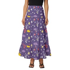 Pattern Cute Clouds Stars Tiered Ruffle Maxi Skirt by Simbadda