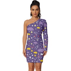 Pattern Cute Clouds Stars Long Sleeve One Shoulder Mini Dress by Simbadda