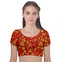 Seamless Pattern Slavic Folk Style Velvet Short Sleeve Crop Top  by Simbadda