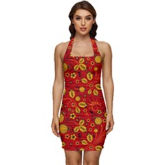 Seamless Pattern Slavic Folk Style Sleeveless Wide Square Neckline Ruched Bodycon Dress by Simbadda