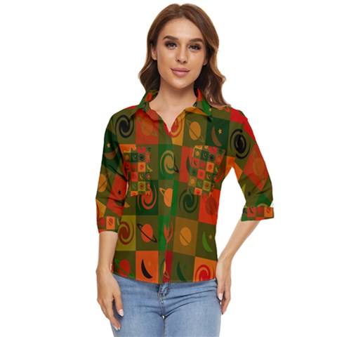 Space Pattern Multicolour Women s Quarter Sleeve Pocket Shirt by Simbadda