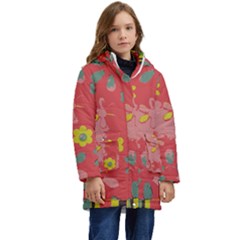 Flowers Pattern Kids  Hooded Longline Puffer Jacket