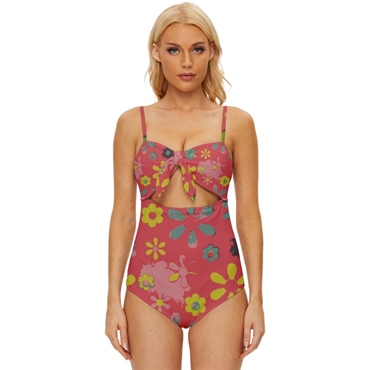 Flowers Pattern Knot Front One-Piece Swimsuit