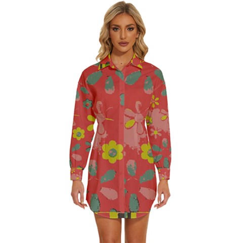 Flowers Pattern Womens Long Sleeve Shirt Dress by Simbadda