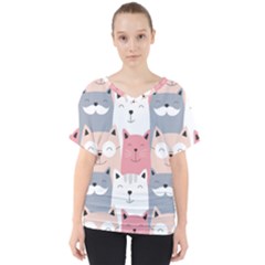 Cute Seamless Pattern With Cats V-neck Dolman Drape Top by Simbadda