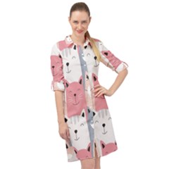 Cute Seamless Pattern With Cats Long Sleeve Mini Shirt Dress