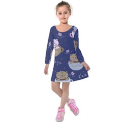 Cute Kittens Sleep Sweetly Mugs Kids  Long Sleeve Velvet Dress by Simbadda