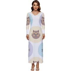 Cute Cat Seamless Pattern Background Long Sleeve Longline Maxi Dress by Simbadda