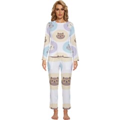 Cute Cat Seamless Pattern Background Womens  Long Sleeve Lightweight Pajamas Set